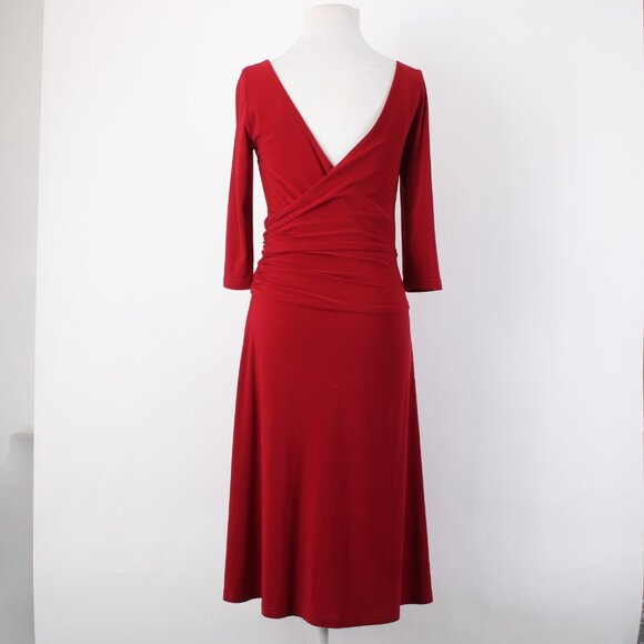 Joseph Ribkoff Dress Sz 6 Red V Neck 3/4 Sleeve Fit Flare Faux Wrap Poly Dress - Picture 9 of 12